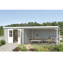 Holzgartenhaus mit überdachter Terrasse, Gartentisch, Bank und Grill
