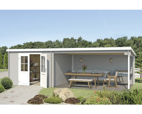 Gartenhaus Outdoor Life St. Louis inkl. Dachanbau mit Rückwand 701 x 319 cm hellgrau Holzgartenhaus mit überdachter Terrasse, Gartentisch, Bank und Grill