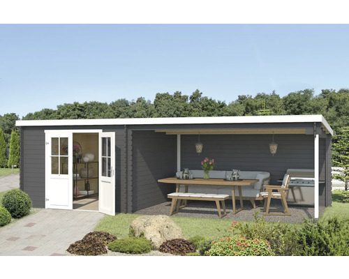 Gartenhaus Outdoor Life St. Louis inkl. Dachanbau mit Rückwand 701 x 319 cm carbongrau Holzgartenhaus mit überdachter Terrasse, Sitzmöbeln und Grill im Garten