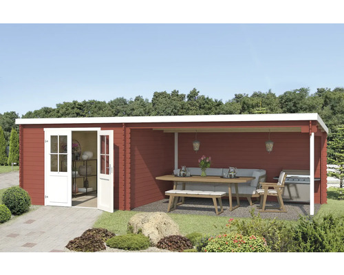 Gartenhaus Outdoor Life St. Louis inkl. Dachanbau mit Rückwand 701 x 319 cm schwedischrot Holzgartenhaus mit offener Veranda, Gartengrill und Gartenmöbeln auf Rasenfläche