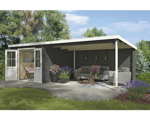 Gartenhaus Outdoor Life St. Louis inkl. Dachanbau mit Rückwand 701 x 319 cm graugrün Modernes Gartenhaus mit überdachter Terrasse und offenen Türen