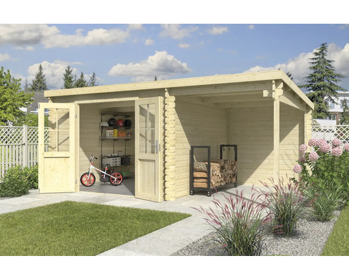 Gartenhaus Outdoor Life Tampa inkl. Dachanbau mit Rückwand 501 x 319 cm natur Holzgartenhaus mit Doppeltür, Fahrrad, Regal und Holzstapel im Garten