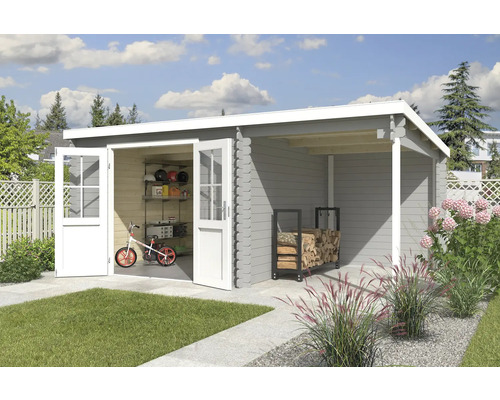 Gartenhaus Outdoor Life Tampa inkl. Dachanbau mit Rückwand 501 x 319 cm hellgrau Gartenhaus mit geöffneten Türen, Fahrrad und Regal im Inneren, Holzlager unter dem Vordach