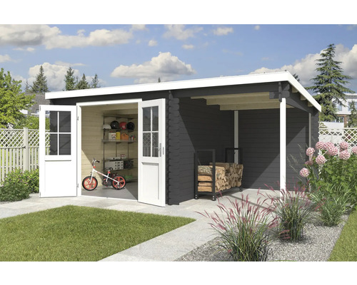 Gartenhaus Outdoor Life Tampa inkl. Dachanbau mit Rückwand 501 x 319 cm carbongrau Gartenhaus mit Doppeltür und überdachtem Bereich zur Lagerung von Brennholz im Garten