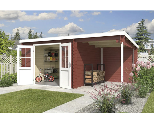 Gartenhaus Outdoor Life Tampa inkl. Dachanbau mit Rückwand 501 x 319 cm schwedischrot Geräumiges Gartenhaus aus Holz mit geöffneten Doppeltüren und seitlichem Unterstand für Brennholz