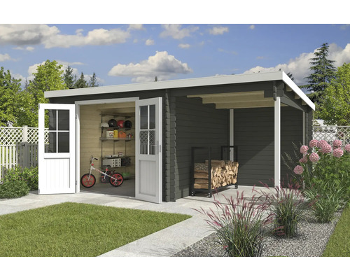 Gartenhaus Outdoor Life Tampa inkl. Dachanbau mit Rückwand 501 x 319 cm graugrün Gartenhaus mit geöffneten Doppeltüren, Holzlager und Pflanzen