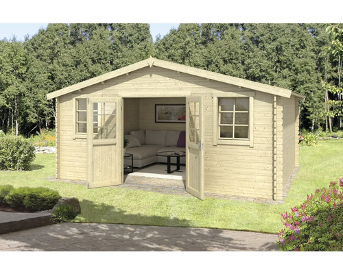 Holzgartenhaus mit Doppeltür und Fenstern, eingerichtet mit Sofa und Tisch