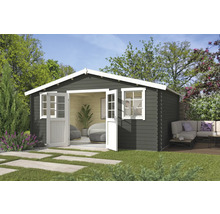 Graues Gartenhaus mit geöffneten Doppeltüren und Fenster in einem Garten.