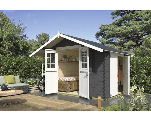 Gartenhaus Outdoor Life Vilano 1 inkl. Geräteraum 352,5 x 260 cm carbongrau Gartenhaus mit geöffneten Türen und Gartengestaltung
