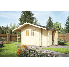 Garten mit Gerätehaus aus Holz, Doppeltür und Satteldach