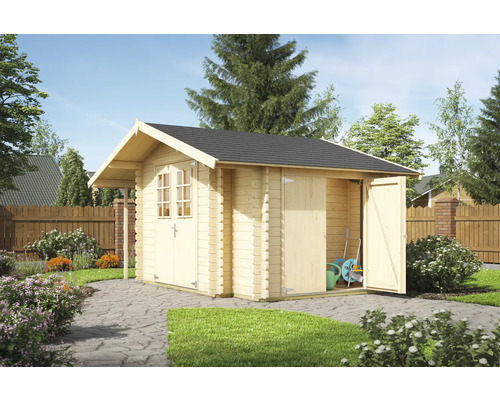 Gartenhaus aus Holz mit geöffneter Tür und Gartengeräten im Inneren