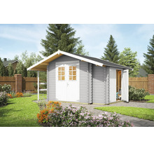 Gartenhaus aus Holz mit Doppeltür und Vordach im Garten