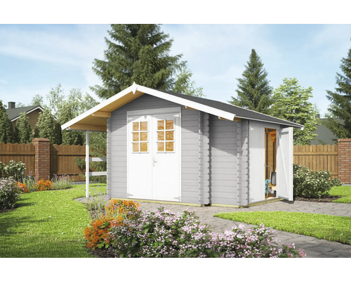 Gartenhaus aus Holz mit Doppeltür und Vordach im Garten