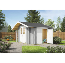 Graues Gartenhaus mit Doppeltür und Satteldach im Garten