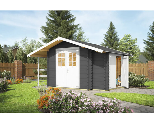 Gartenhaus mit Doppeltür und Vordach im Garten