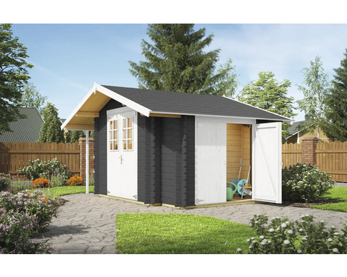 Gartenhaus Outdoor Life Vilano 2 inkl. Fußboden, Geräteraum 385 x 291 cm carbongrau Gartenhaus mit Doppeltür und geöffneter Tür zur Gartengeräteaufbewahrung