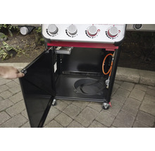 Gasgrill mit offener Tür zur Aufbewahrung von Zubehör und Gasflasche