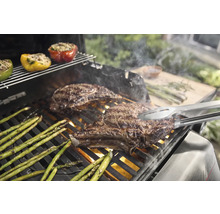 Grill mit Steaks, Spargel und gefüllter Paprika