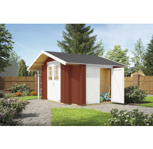 Gartenhaus aus Holz mit offenstehender Tür im Garten