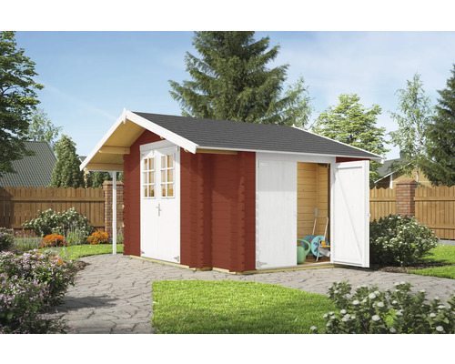 Gartenhaus aus Holz mit offenstehender Tür im Garten