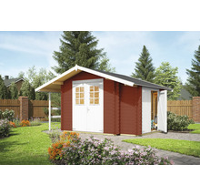 Rotes Gartenhaus mit Doppeltür und Vordach im Garten