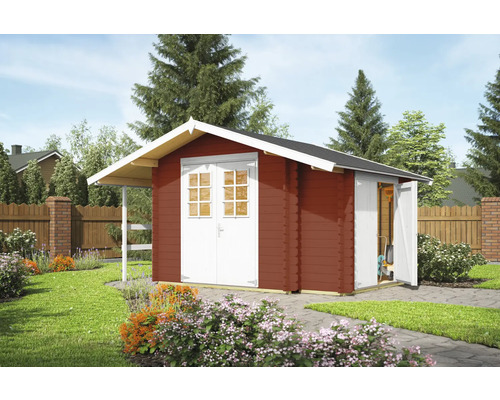 Rotes Gartenhaus mit Doppeltür und Vordach im Garten