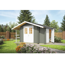 Gartenhaus aus Holz mit Doppeltür und Anbau im Garten
