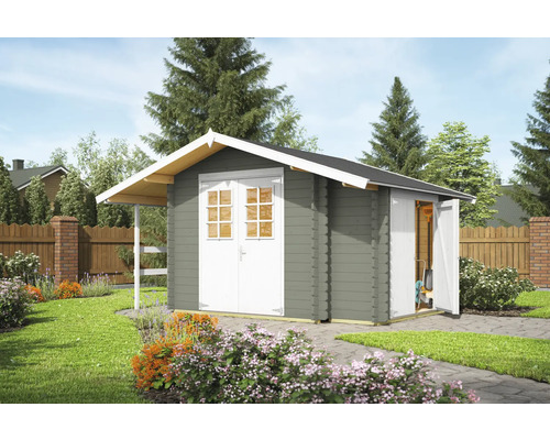 Gartenhaus aus Holz mit Doppeltür und Anbau im Garten
