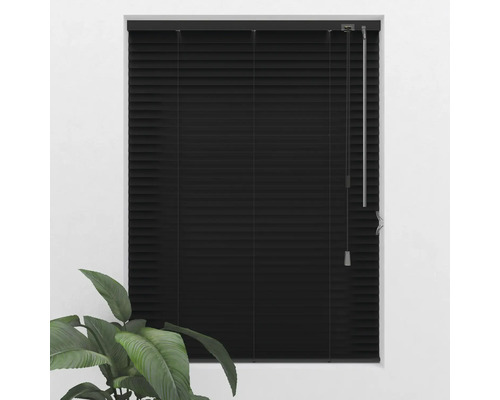Geschlossene schwarze Jalousie am Fenster mit Pflanze