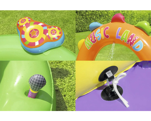 Detailansicht eines aufblasbaren Wasserspielplatzes für Kinder mit Rutsche, Sprinkler und Musikmotiven