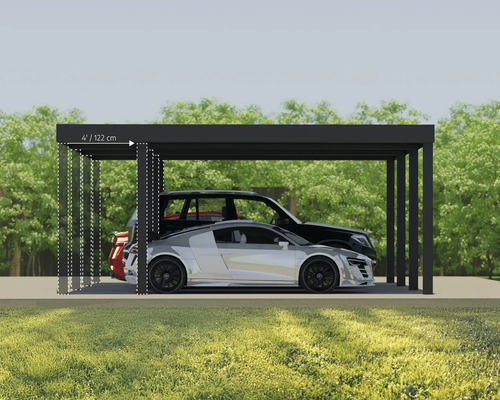 Schwarzer Carport mit zwei geparkten Autos und Höhenangabe von 122 Zentimetern