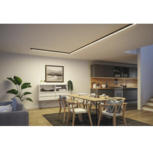 Wohnraum mit linearem LED-Beleuchtungssystem an der Decke, Esstisch und Küchenbereich.