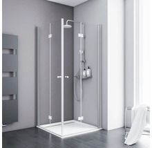 Eckdusche mit Duschkopf, Handbrause und Ablage im Badezimmer