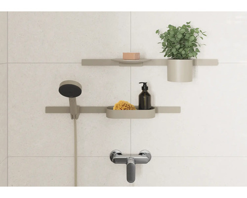 Badezimmer mit Armatur, Brause und Regalböden mit Seife, Waschlotion, Schwamm und Pflanze