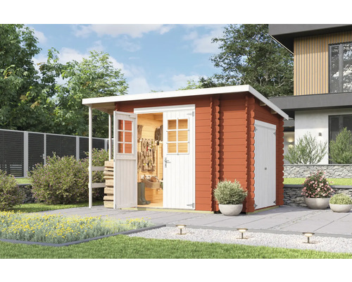 Gartenhaus Outdoor Life Vilano 3 inkl. Fußboden, Geräteraum 340 x 235 cm schwedischrot Gartenhaus aus Holz mit geöffneter Tür und Gartengeräten im Inneren