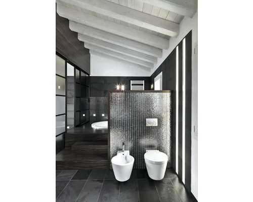 Modernes Badezimmer mit Toilette, Bidet, Fliesen und Beleuchtung