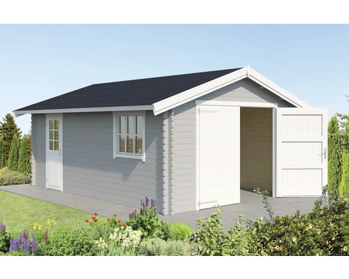 Holzgarage mit Doppeltür, Seitentür und Fenster im Garten