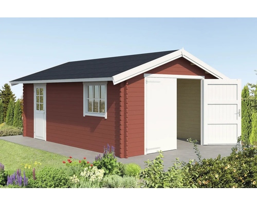 Holzgarage mit Fenster und Doppeltür im Garten
