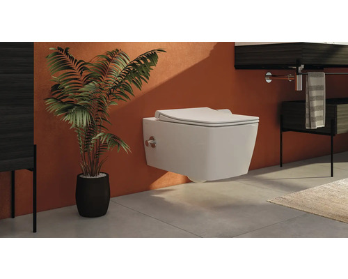 Modernes Badezimmer mit wandhängendem WC, Pflanze und Waschtisch