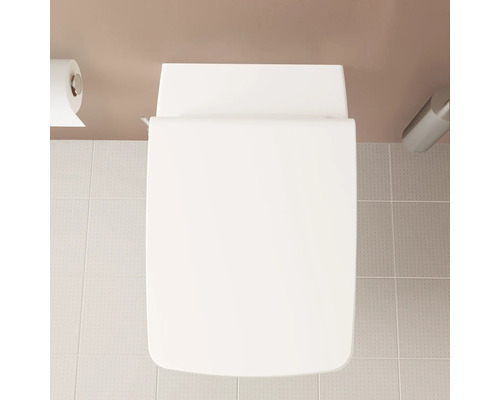 Draufsicht auf eine Toilette mit geschlossenem Deckel, Toilettenpapier und Halter