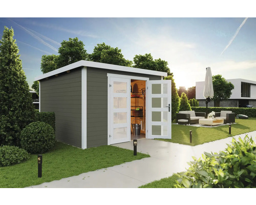 Gartenhaus Outdoor Life Zambezi 7 320 x 324,8 cm graugrün Garten Szene mit Gerätehaus mit Doppeltür und Gartenmöbeln