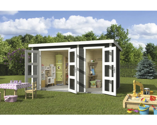 Garten Szene mit offenem Holzspielhaus, Kinderspielzeugküche, Spielzeug und Sandkasten