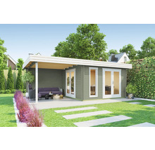 Garten mit Gartenhaus mit Terrasse, Sitzgruppe und Rasenfläche