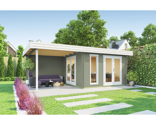 Garten mit Gartenhaus mit Terrasse, Sitzgruppe und Rasenfläche