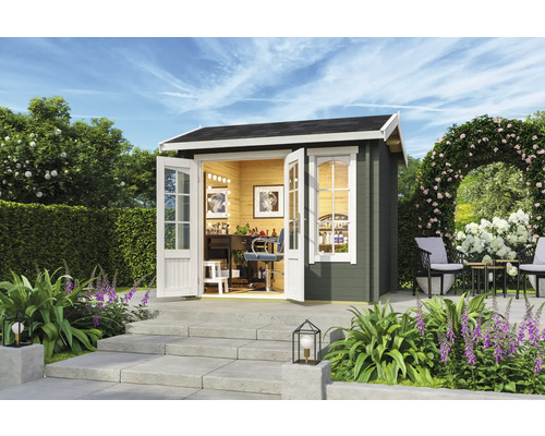Gartenhaus Outdoor Life Alex Mini inkl. Fußboden 250 x 254,1 cm graugrün Gartenhaus mit offenstehenden Doppeltüren und Inneneinrichtung im Garten