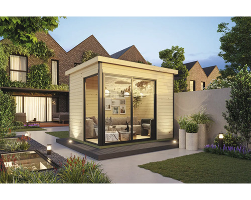 Garten mit modernem Holzgartenhaus und Sitzecke