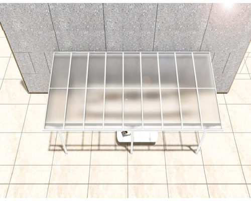 Ansicht von oben auf ein Gewächshaus mit Stahlrahmen und transluzenten Paneelen