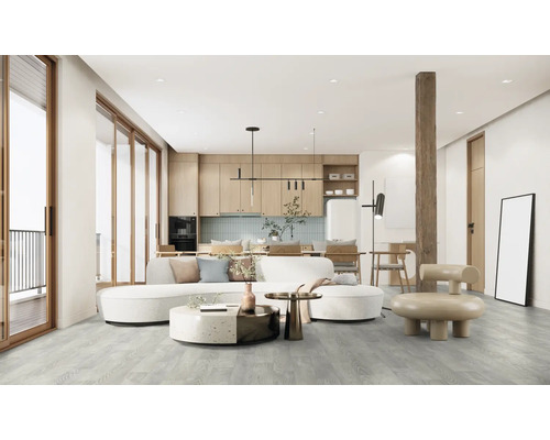 Heller, offener Wohnbereich mit Küche, Sitzgelegenheiten und Holzboden