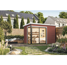 Gartenhaus mit Schiebetür und Einrichtung im Garten