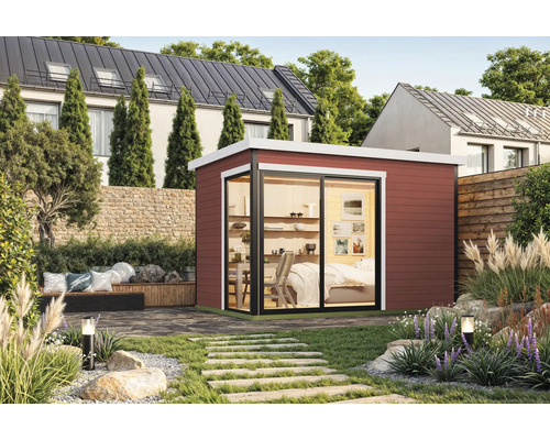 Gartenhaus mit Schiebetür und Einrichtung im Garten